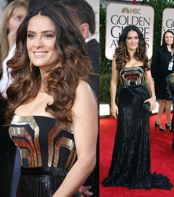 Hayek Wearing A Gucci Art Deco Strapless Gown At The Golden Globe Awards 